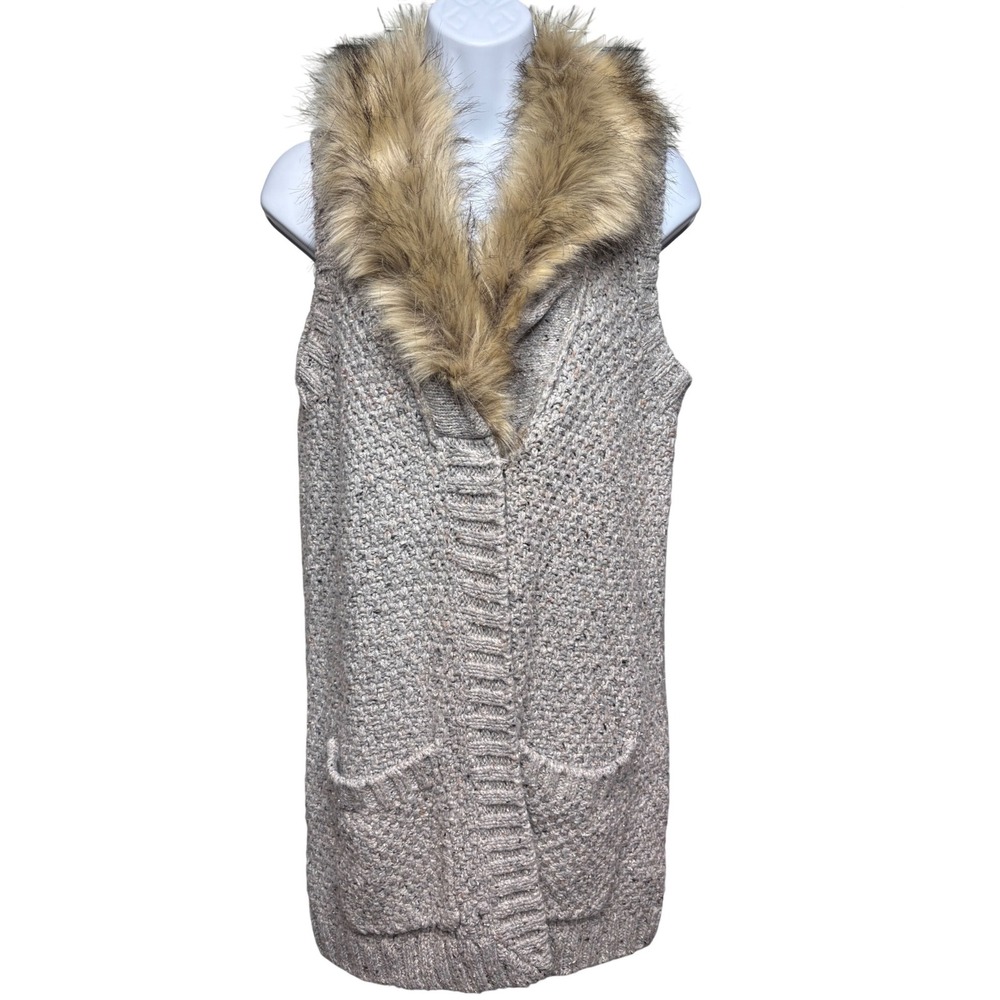 ORVIS Womens Gray Sweater Faux Fur Trim Vest w/ Pockets S Longline Hygge Outdoor
